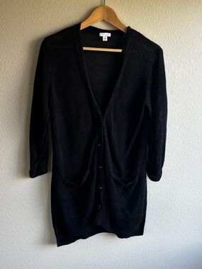 Black Longline Linen/Cotton Button-Front Women's Cardigan Sweater